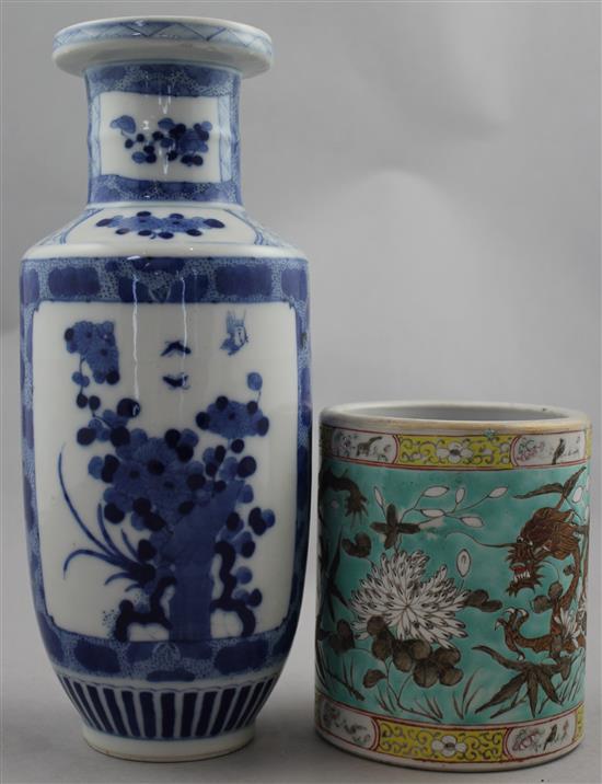 A Chinese blue and white rouleau vase and a brush pot